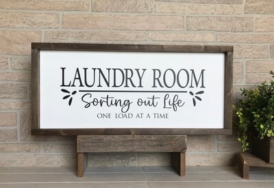 Laundry room sorting out life one load at a time, farmhouse sign, wood signs, home decor, framed country wood sign - image5